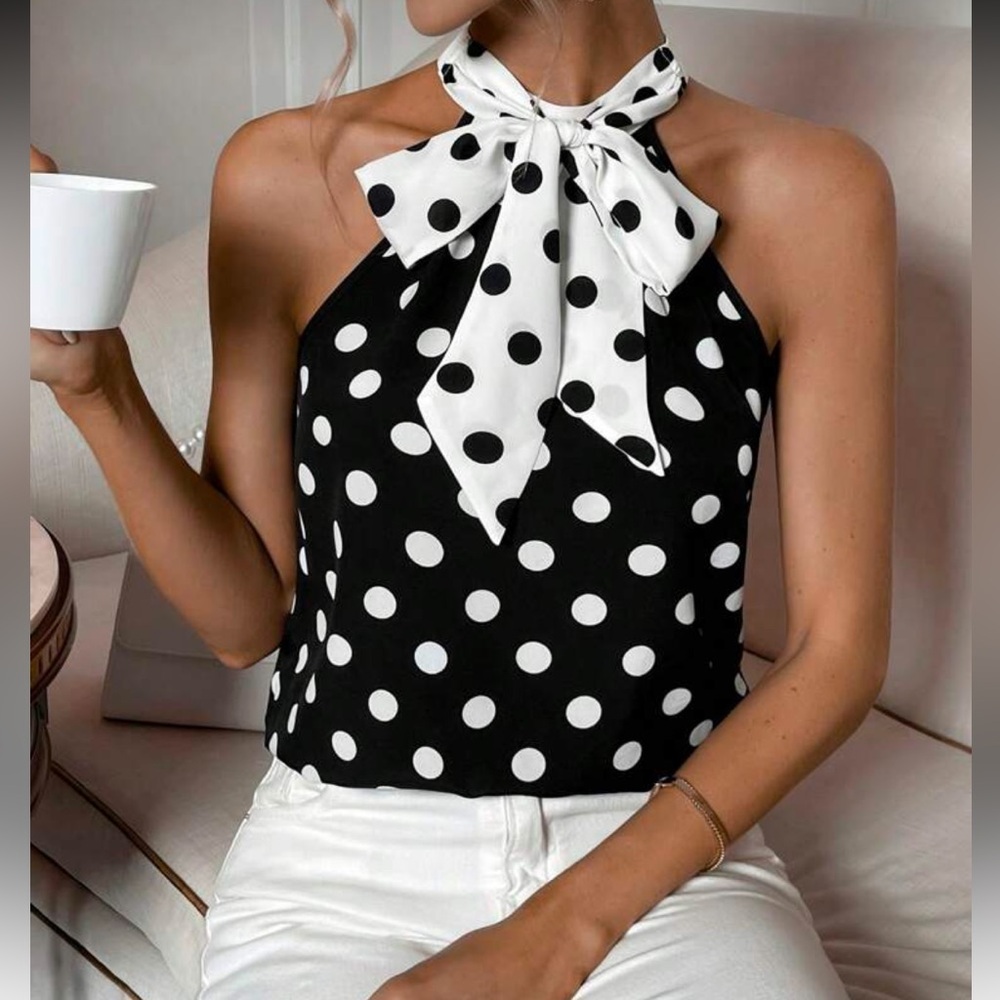 Classic Polka Dot Print Halter Top Blouse Shirt Black White New